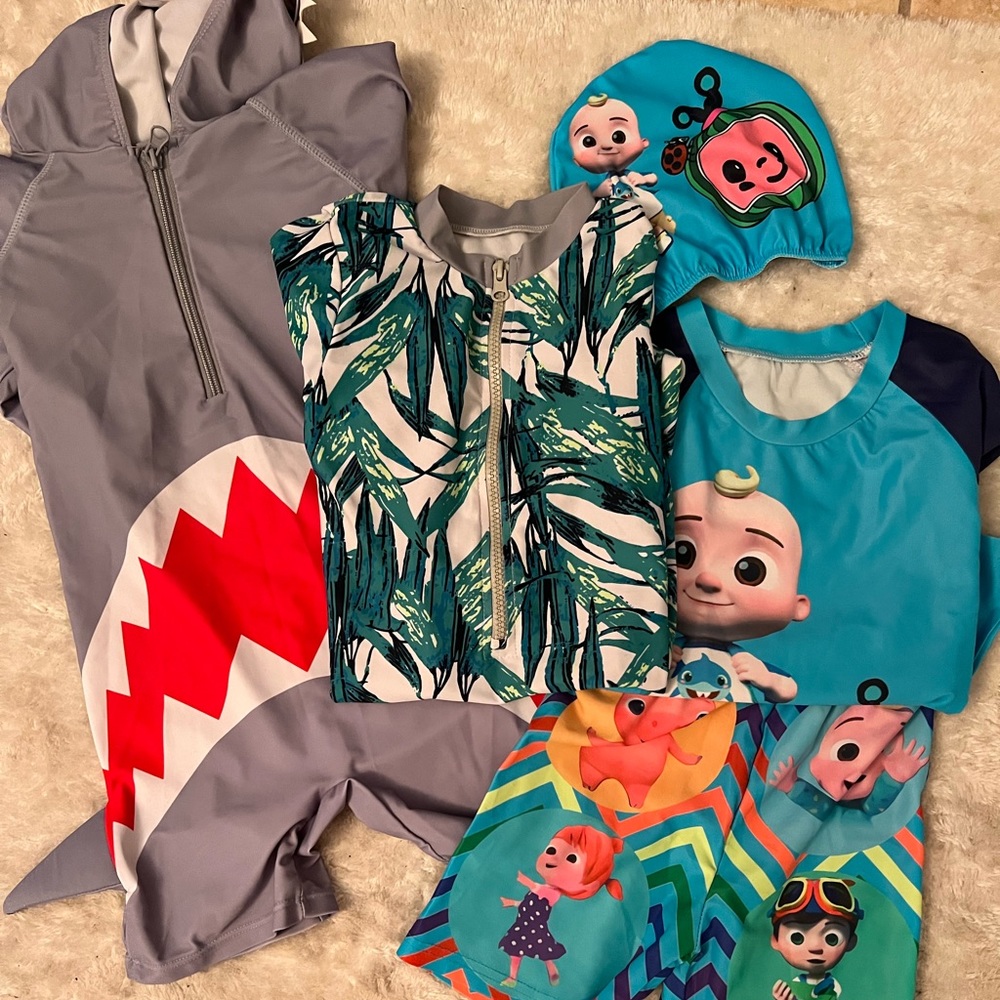 3T swimming suits very popular, CoComelon, shark, leaves bathing suit